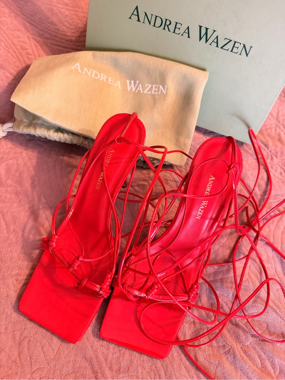 Andrea Wazen Red Lace-Up Square-Toe Heels